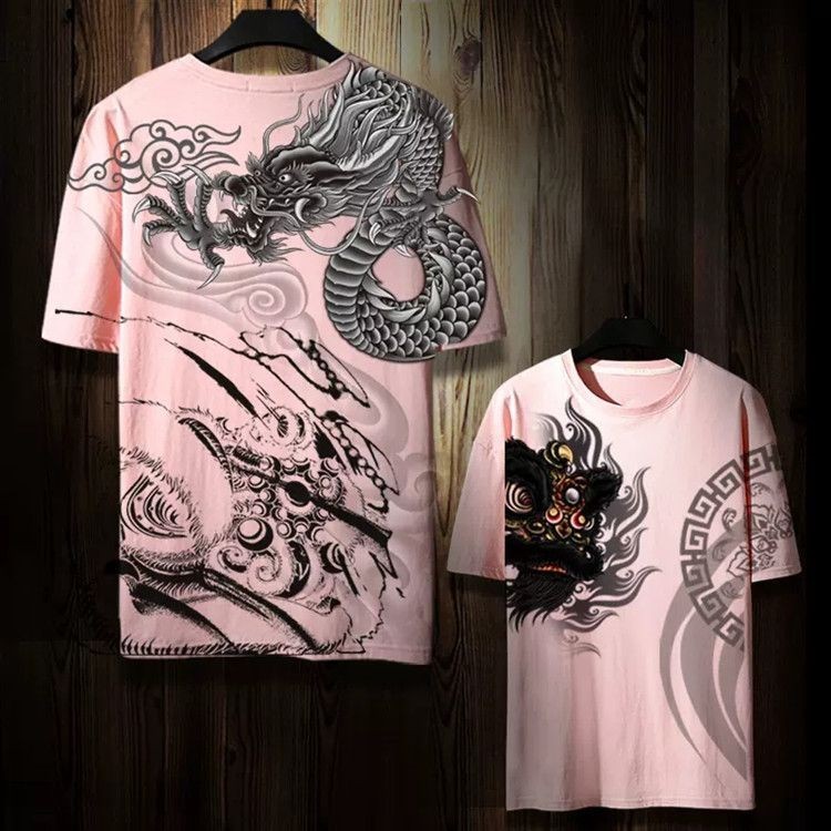 Street Wear Nacional na Moda Dragão Rei Estilo Chinês Camiseta de Manga Curta Masculino Nicho na Moda Masculino Nacional