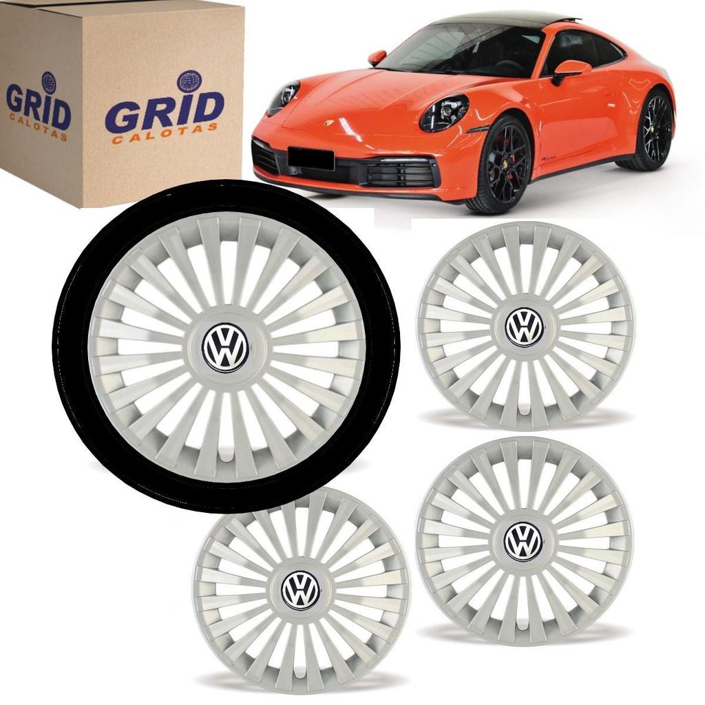 Jogo 4 Calota Esportiva Modelo Europa Aro 14 Polegadas Grid Encaixe Pressão com Emblema VW