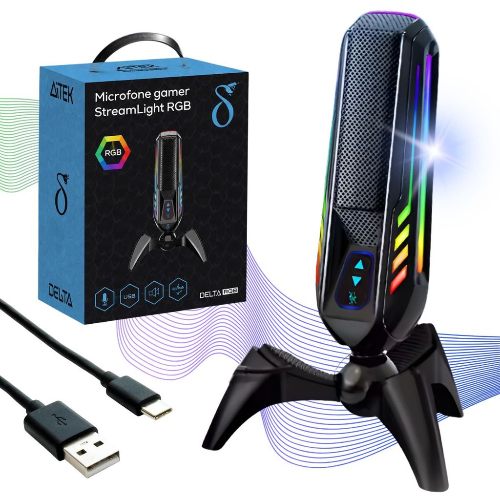 Microfone Gamer Stream Light Led Rgb Live Unidirecional Mesa Podcast Youtube Twitch Discord