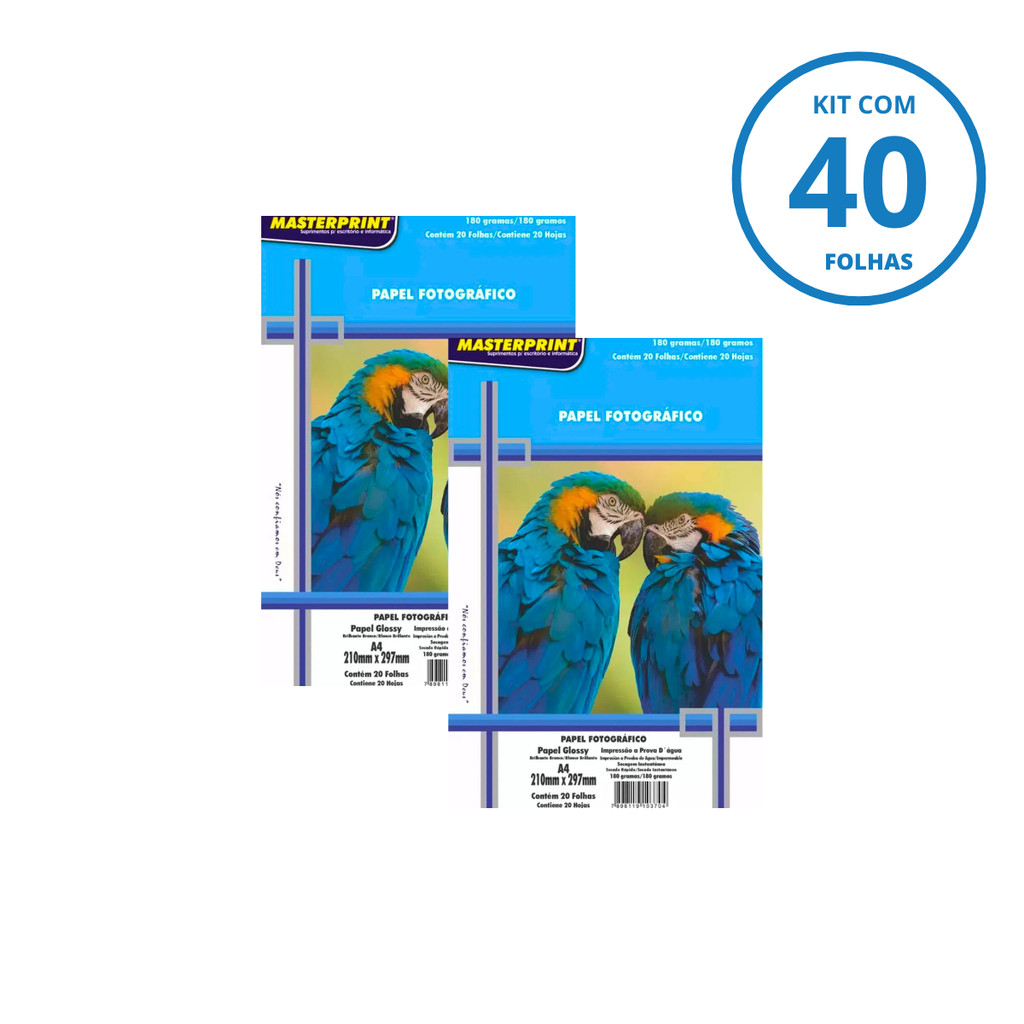 Kit 40 Folhas de Papel Fotográfico A4 Sem adesivo 180g Brilhante-2 Pacotes c/ 20