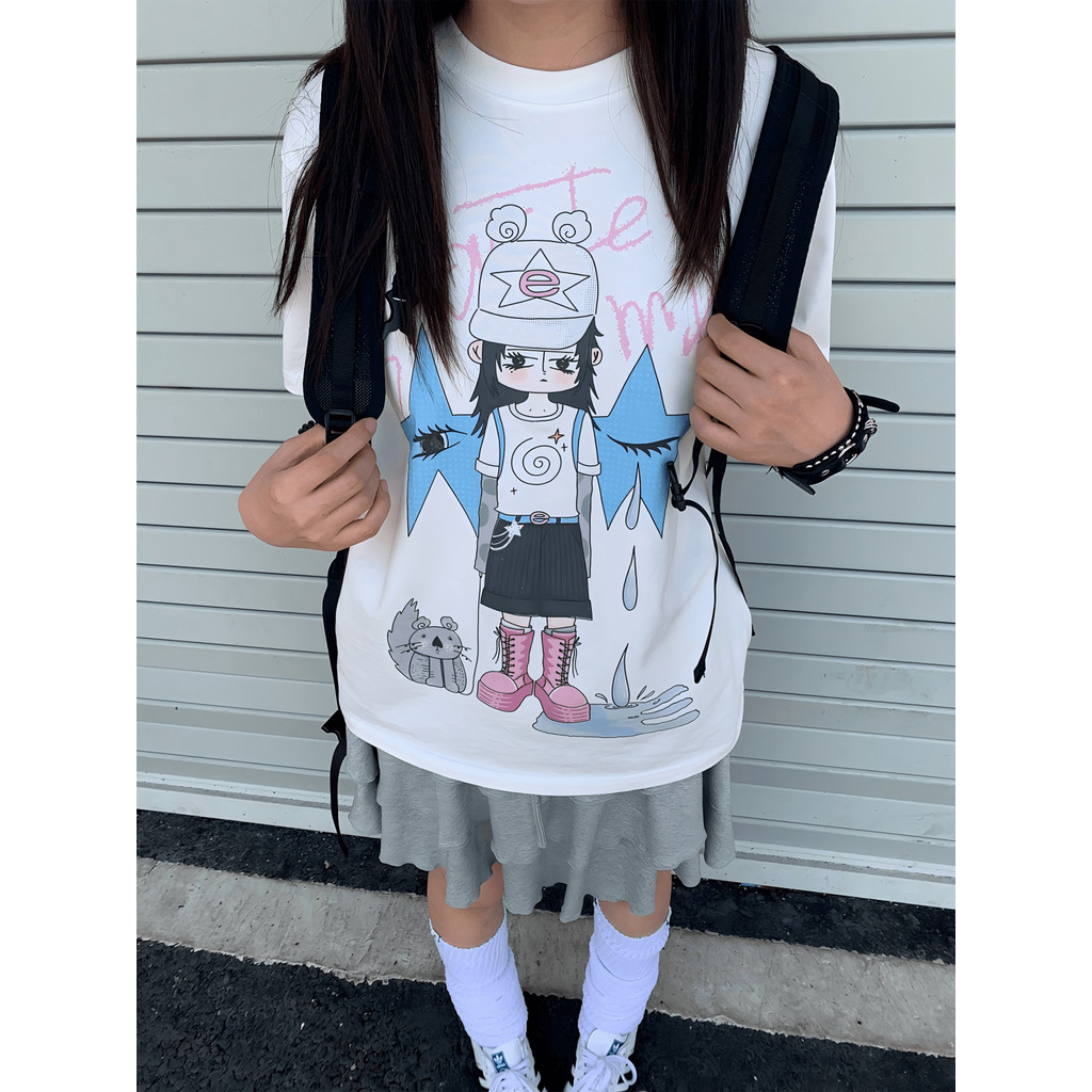 「Cute Girl」Camiseta Unissex Soft Girl Estetica Graffiti Estampa Oversize Confortavel Fofa Estilosa Moda Casual