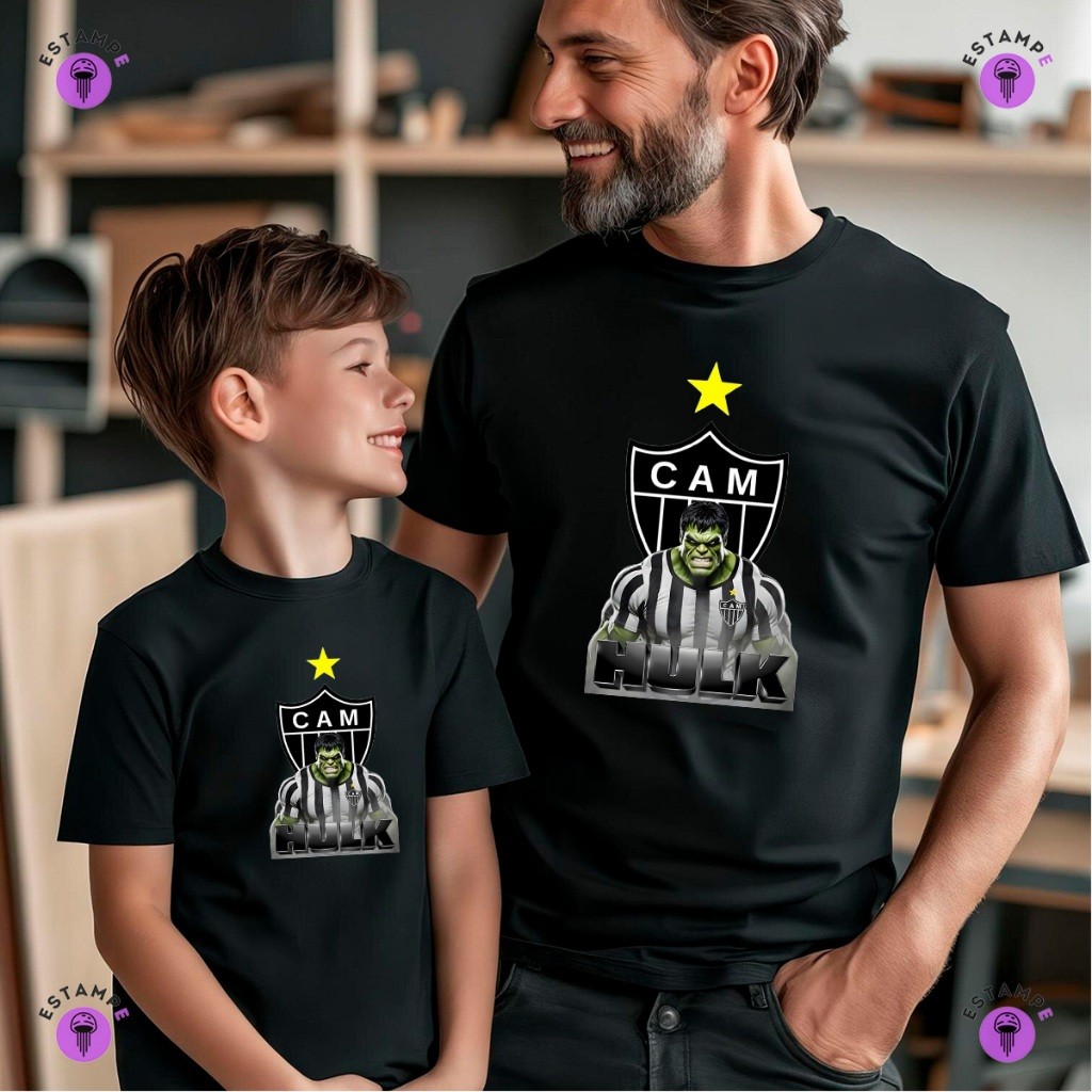 Kit 2 Camisetas Pai e Filho Adulto e Infantil Atletico Mineiro Hulk Camisa 100% Algodão Premium Masculino Feminino