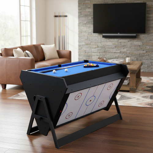 Mesa Giratória MDF 3 em 1 Bilhar Pebolim e Air Game com Acessórios Completos Ventilador Integrado Bivolt Diversão Total