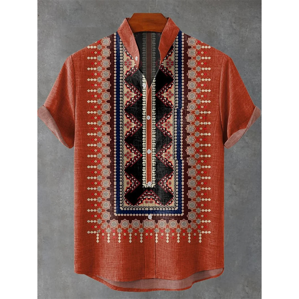 Camisa Masculina Vintage Manga Curta Moda Topos Verão Casual Roupas Étnicas De Rua