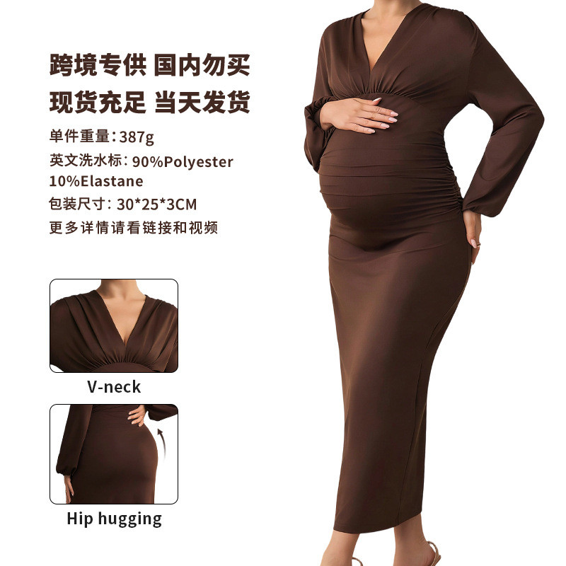Novo vestido de maternidade para outono e inverno com decote em V, mangas compridas, corte justo, saia bodycon, pregas e