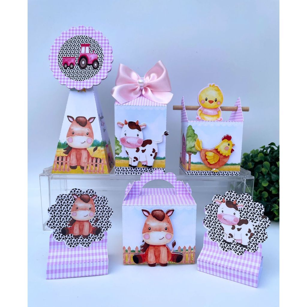 Kit Festa Infantil   Fazendinha Rosa Pegue e Monte Lembrancinhas - Aniversário - Caixinhas Personalizadas - Papelaria P
