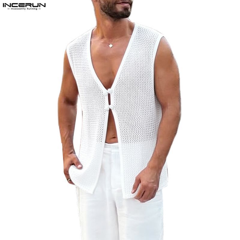 INCERUN Masculino Vintage Praia Férias Estilo Decote Em V Botão Design Sem Mangas Textura Coletes Lisos