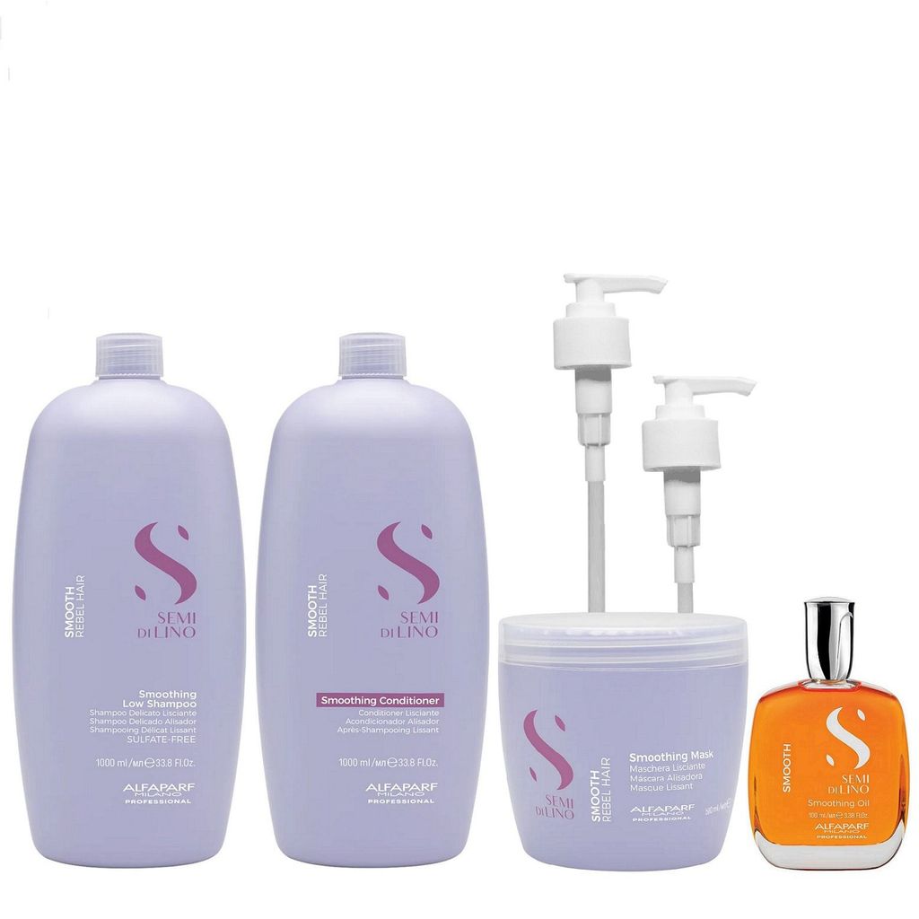 Kit Alfaparf Semi Di Lino Smooth Smoothing - Shampoo & Condicionador 1 Litro + Máscara 500ml + Óleo 100ml + Válvula Pump
