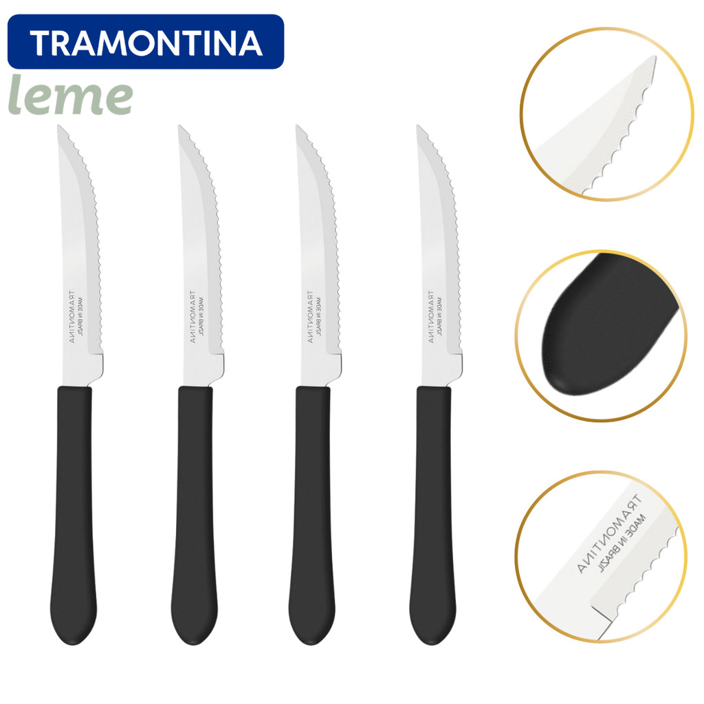 Kit Faca de Mesa Churrasco 4 6 12 peças Tramontina Leme Lamina Inox Cabo Polietileno Preto