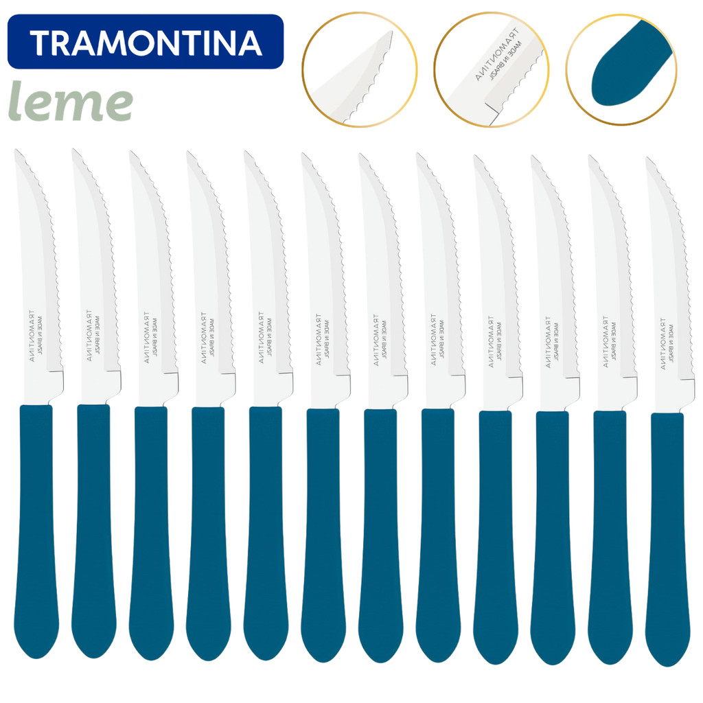 Kit Faca de Mesa Churrasco 12 peças Tramontina Leme Lamina Inox Cabo Polietileno Azul