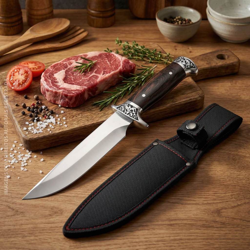 Faca Bowie Full Tang 30cm Aço Inox com Bainha Camping Churrasco Caça Pesca Cabo Madeira