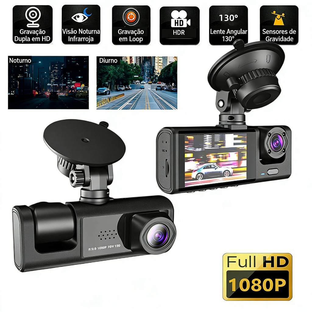 Dash Cam com Tela 2 Polegadas Dupla Lente Frontal/Interna para Monitoramento de Estacionamento e Visão Noturna