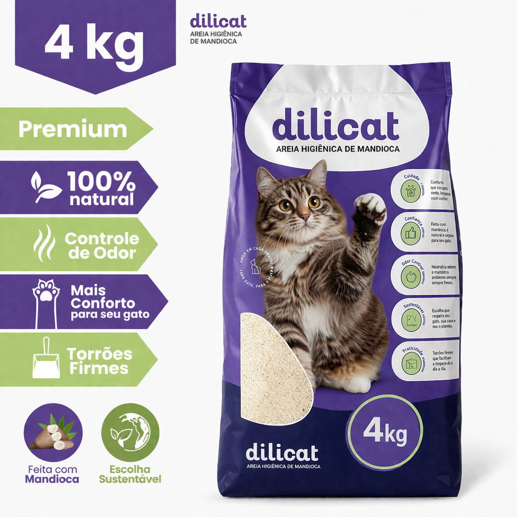 Areia para Gato Biodegradável Mandioca Grãos Finos Dilicat 4kg Torrão Firme