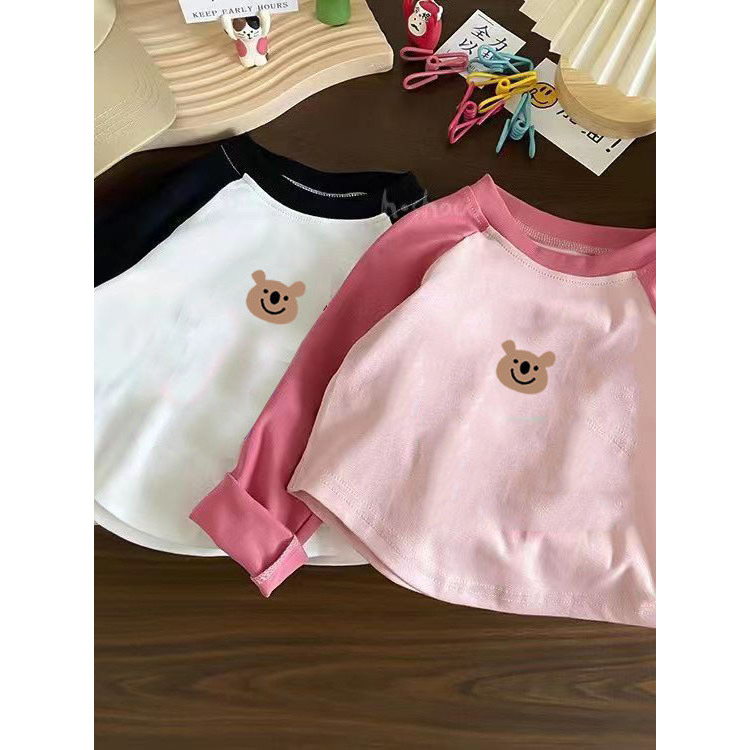 100% algodão bonito urso outono crianças manga comprida camiseta contraste cor menina bebê moda impresso dos desenhos an