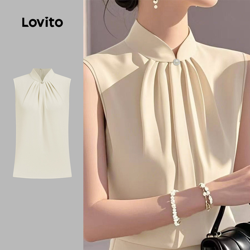 Lovito Casual Top Button Frill Spring/summer Khaki Top para Mulheres. L177ED1043