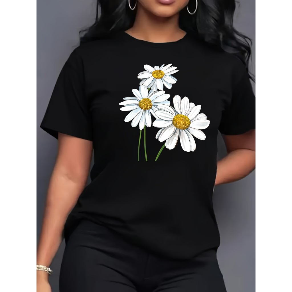 Camiseta de manga curta com estampa de três margaridas, camiseta com estampa esportiva, camiseta com estampa