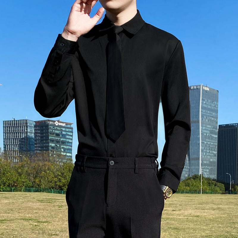 Camisa preta masculina de manga comprida Slim-fit negócios Formal Wear gravata masculina camisa de trabalho padrinhos An