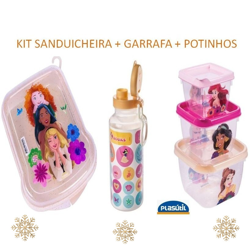 Kit com Sanduicheira 3 Potinhos Garrafa Princesas Plasútil lanche escolar frutas Plasútil escola