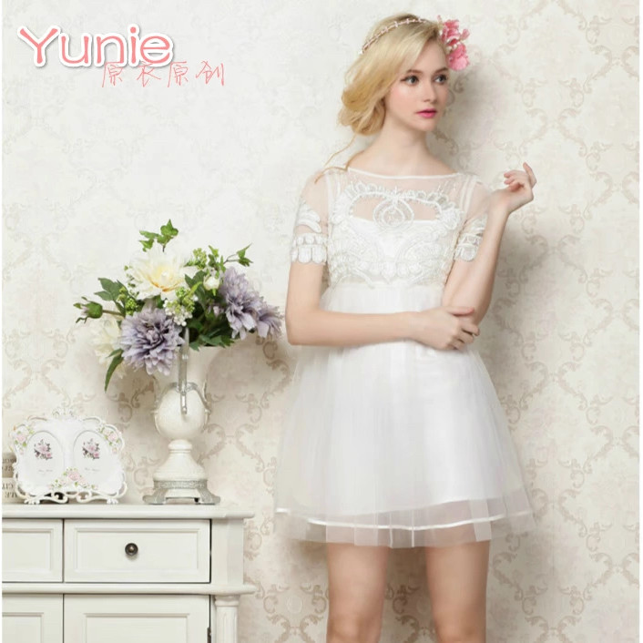 Estrela de verão mesmo estilo indústria pesada bordado branco luar renda francesa gaze manga curta fofo vestido de cintu