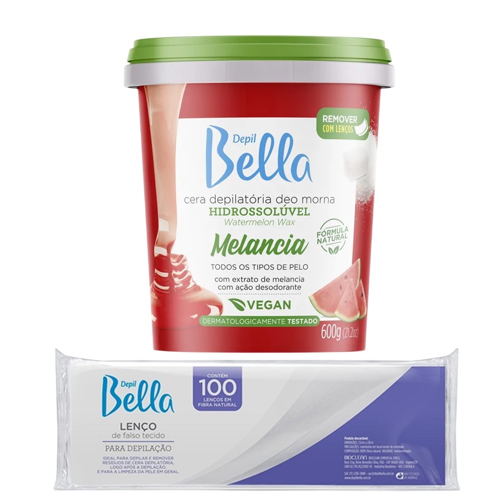 Kit Cera Depilação Quente Morna Hidrossolúvel Melancia 600g e Lenço Falso Tecido Depil Bella 100un