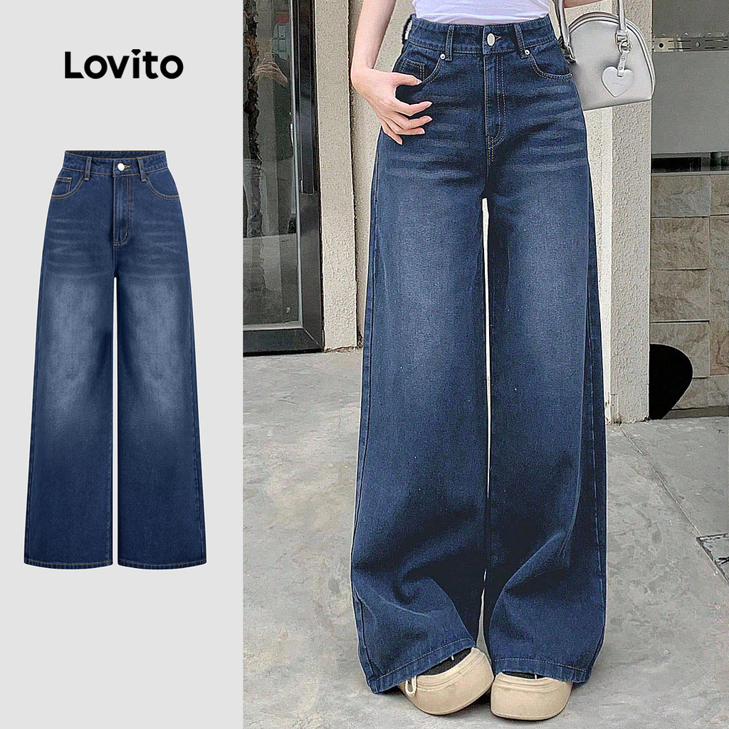 Lovito Jeans Casual Lavados Bolso Zipper Azul Primavera/verão para Mulheres L183ED054