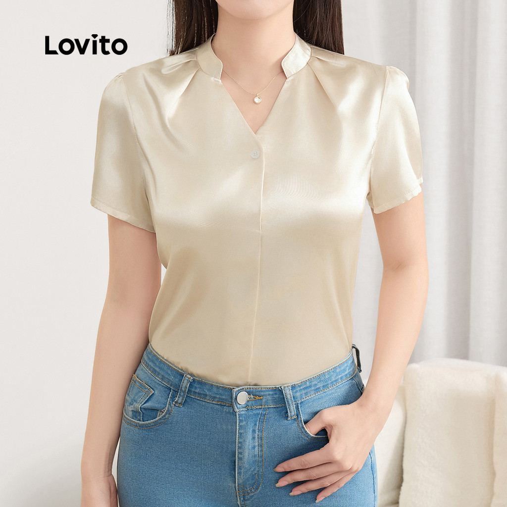 Lovito Blusa Elegante De Verão/primavera Blusa De Verão Plissada Lisa Para Mulheres L121MDD562