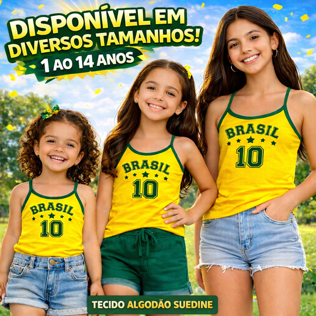 Camiseta Regata Brasil Infantil Feminina Baby Look Amarela Estampada Seleção Copa do Mundo Camisa Blusa Bebê Criança