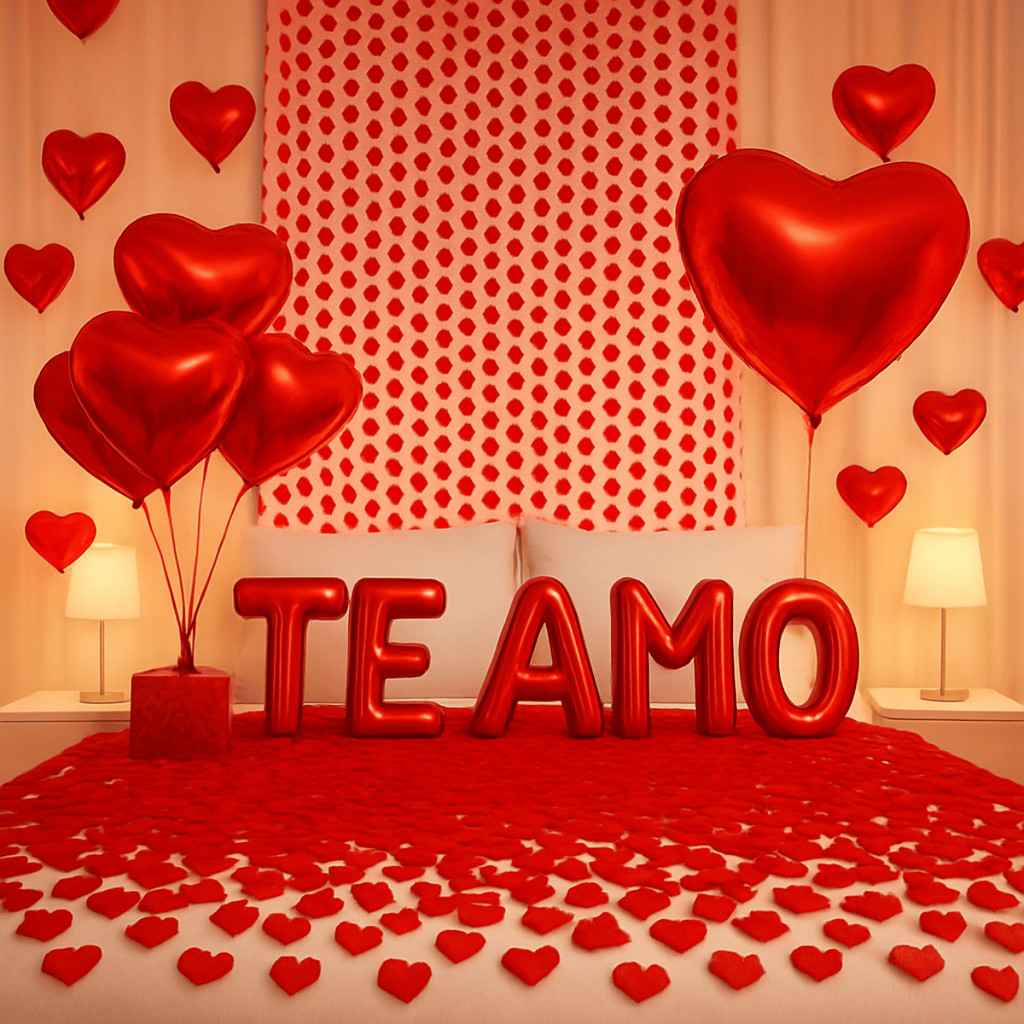 Kit Romântico Completo Dia dos Namorados ❤️ 500 Pétalas + Cortina de Corações + 10 Balões + “Te Amo”