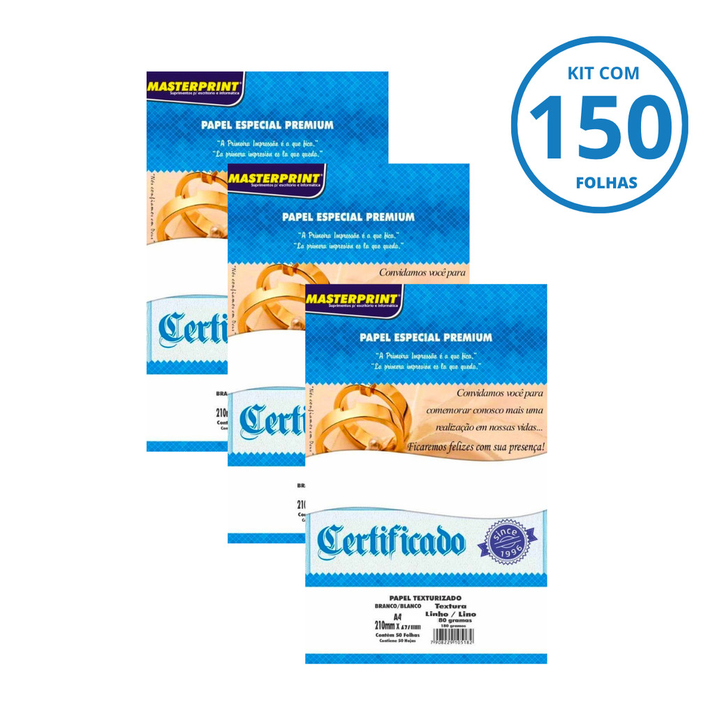 Kit Papel Branco Premium Linho 180g A4 - MASTERPRINT Kit:Com 150