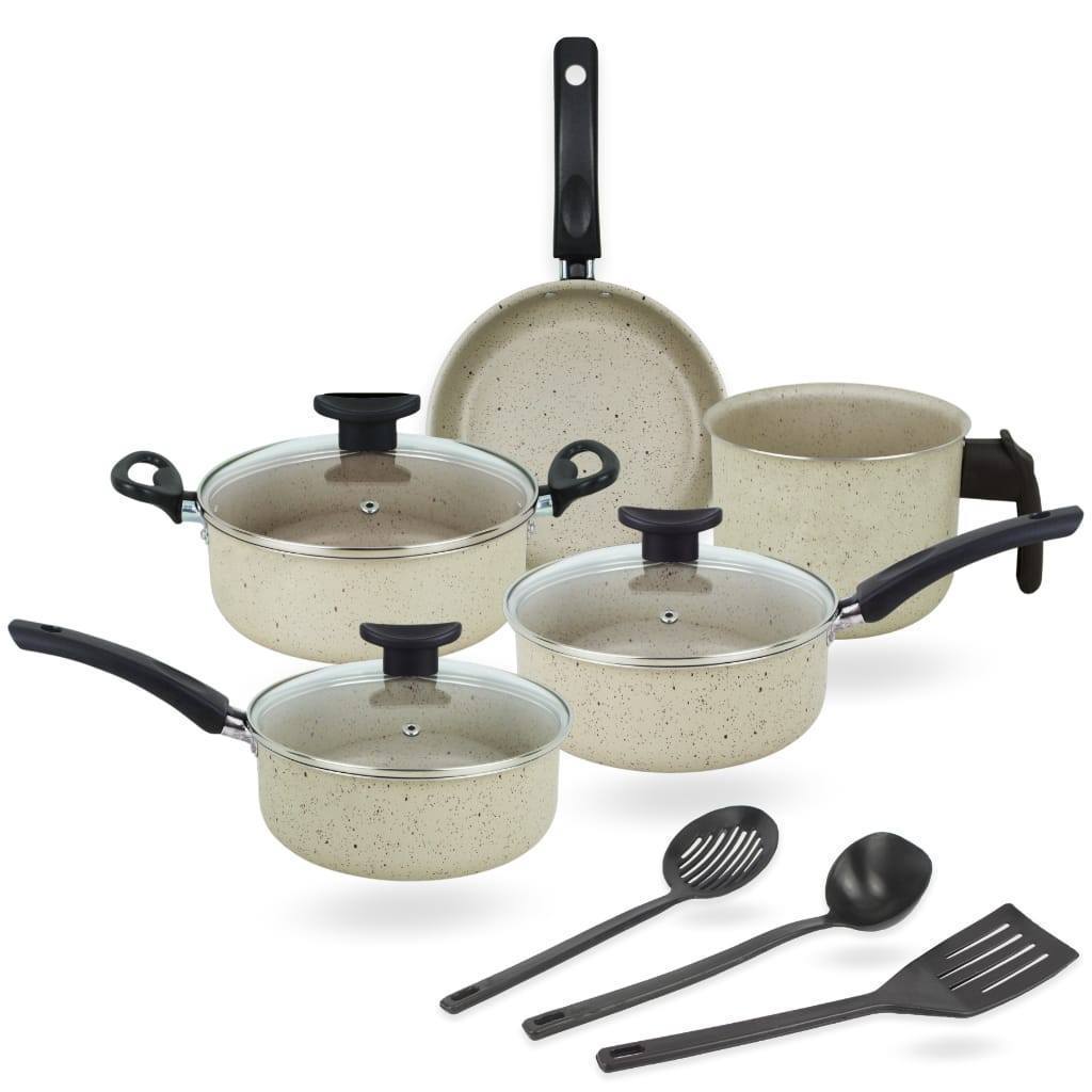 Conjunto de Panelas Marfim Antiaderente Kit 8 Peças Teflon Premium – Alta Qualidade Panelas Frigideira Leiteira