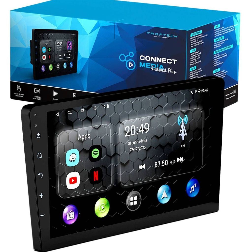 Central Multimídia 9" 4GB 64GB Octa-Core Android Auto CarPlay Sem Fio Espelhamento USB BT