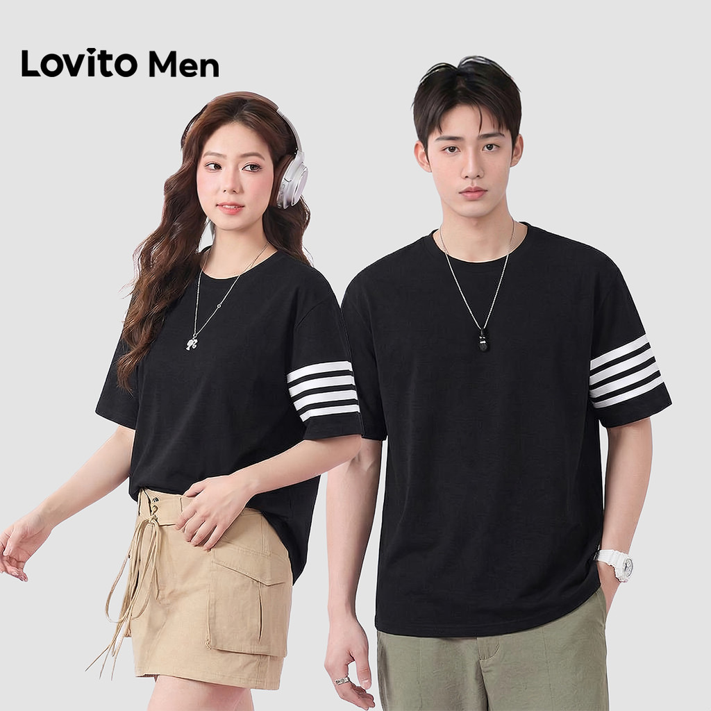 Lovito Men Camiseta Casual com Padrão Plissado Preta para Homens LNE142576