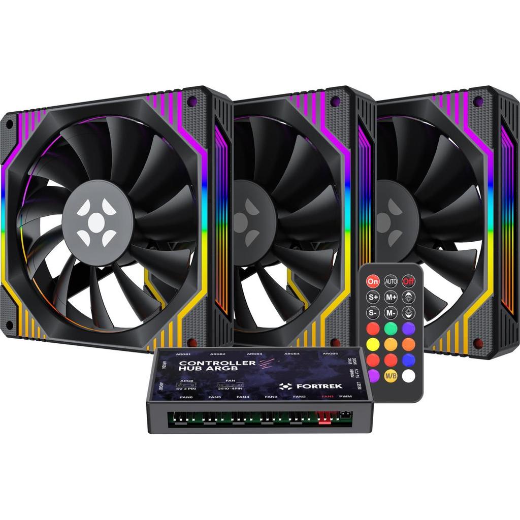 Kit 3 Cooler Fan Argb Fortrek Frosty Preto Com Controladora/Controle