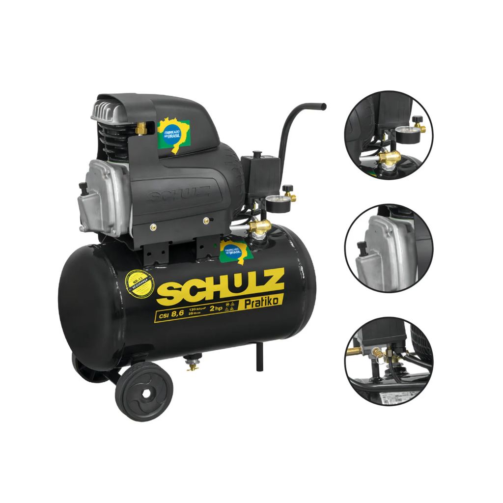 Compressor De Ar Csi 8,6 25 Litros Pratiko 2hp Schulz Cor Preto Fase Elétrica Monofásica 220v