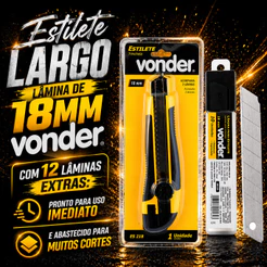 Kit Estilete Vonder Profissional + 12 Lâminas Emborrachado Com Trava 18mm de Precisão Alta Qualidade
