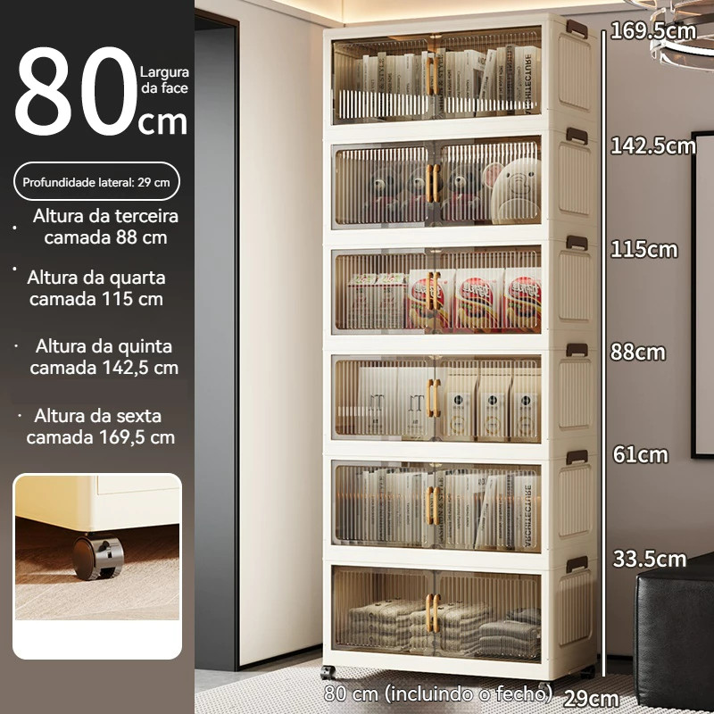 Armário Dobrável 6 camadas 80cm Empilhável 2 Portas com Rodinhas Multiuso Cozinha