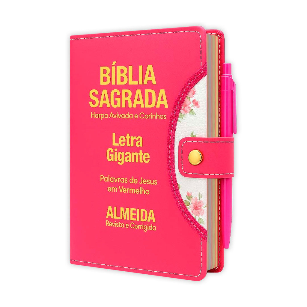 Bíblia Sagrada Letra Gigante - Botão e Caneta - Pink - C/ Harpa