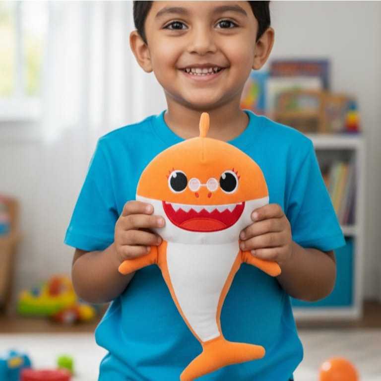 Pelúcia baby shark tubarão laranja em Oferta na Shopee