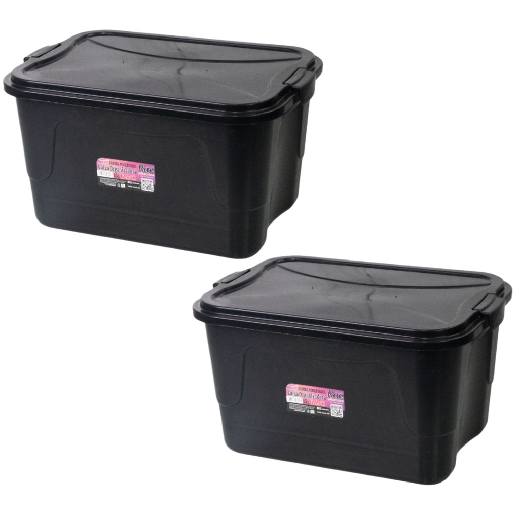 Kit 2 Caixa Organizadora Multibox 15L Com Tampa E Trava Black Resistente