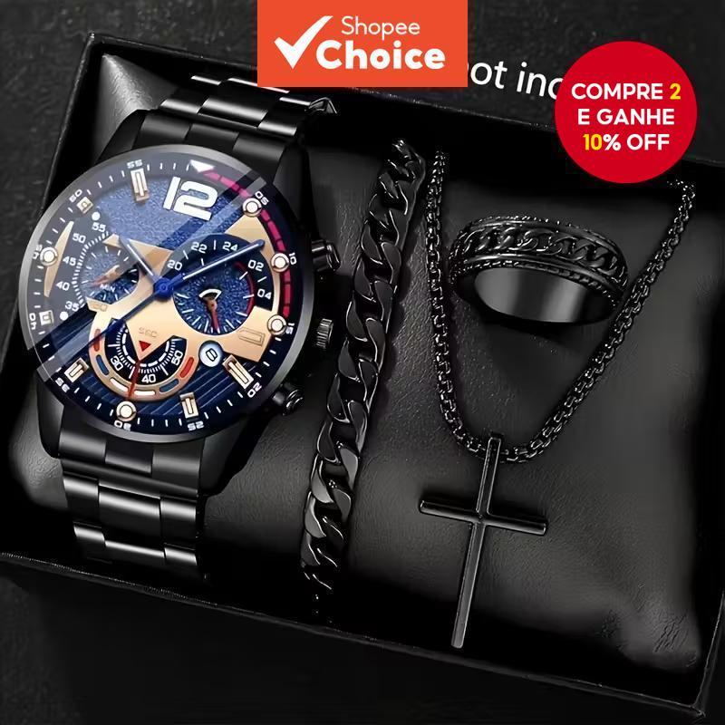 Moda De Luxo Negócios Relógio Quartzo Calendário Função Banda Aço Inoxidável Conjunto Jóias Masculino 4 Pçs Sem Caixa em Oferta na Shopee