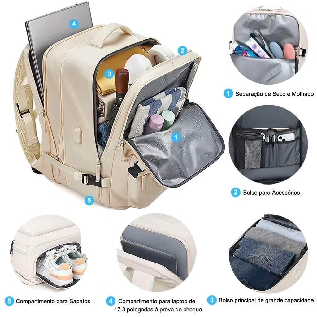 Mochila Viagem Feminina Masculinas Multifuncional Reforçada Impermeável Expansível Mochila Notebook — foto 2