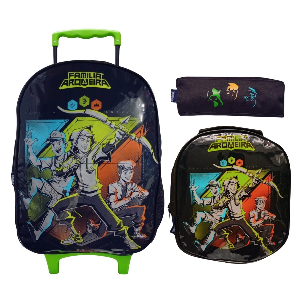 Kit Mochila Escolar de Carrinho Infantil + Lancheira + Estojo Dermiwil Família Arqueira