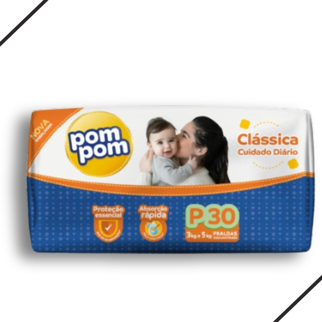 Fralda Descartável Pom Pom Clássica Jumbo Tamanho P - 30 Unidades