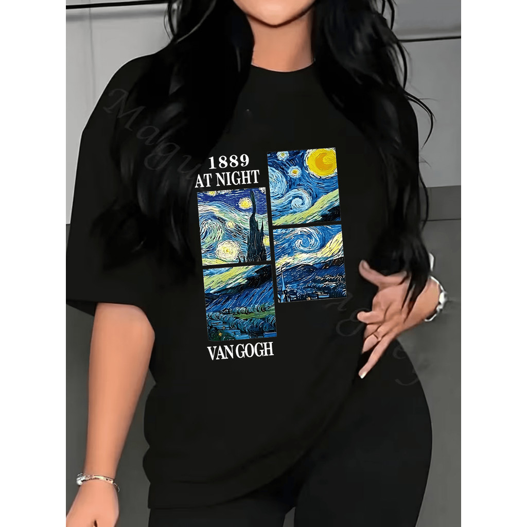 Camiseta Van Gogh Starry Night Spiral Sky Estrelas Amarelas Colagem Redonda Confortável Linda Atemporal Casual