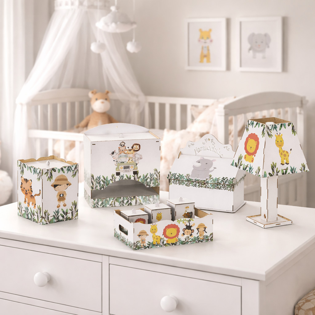 Kit Higiene Bebê safari 8 Pç Mdf Mult uso adesivado novidade Pronta Entrega promoção