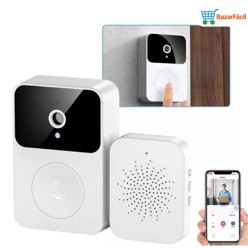 Campainha Wi-Fi Recarregável com Acessórios: Monitoramento 24h em HD na Palma da Mão e Cabo de Dados Incluído