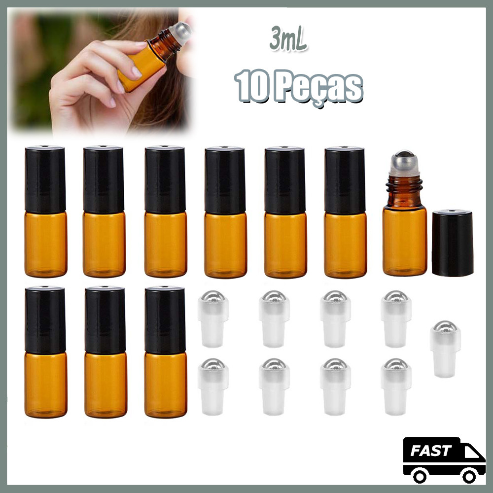 10 peças frascos de rolo de óleo essencial de vidro de massagem para amostras de perfumes 3ml Tampa de Preto plástico