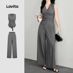 Lovito Elegante Calças Cinza de Primavera/verão com Pregas para O Dia a dia L183ED1069