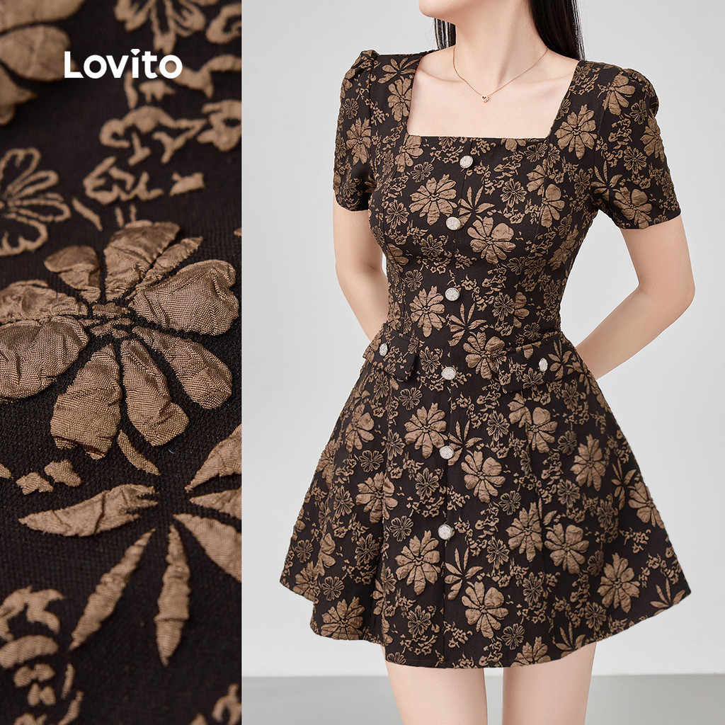 Lovito Elegante Vestido de Perolas Primavera/verão Marrom para mulheres L143AD59