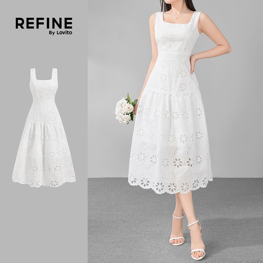 (Refine by Lovito) Vestido Casual Feminino Em Algodão Branco Com Bordado Floral Vazado E Barra Com Babados LR11ED070
